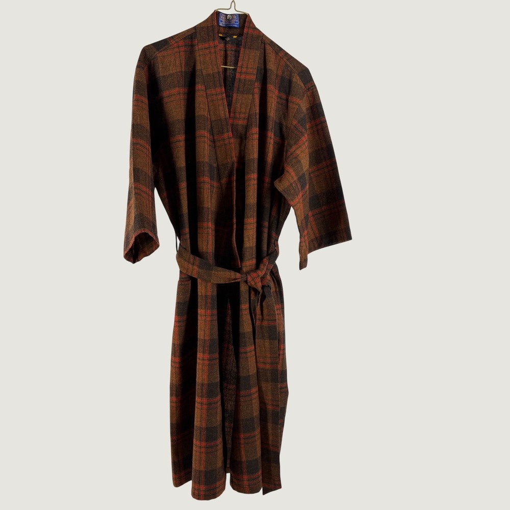 Pendleton Vintage Plaid Robe Mens M Brown Red Virgin Wool Belted Loungewear